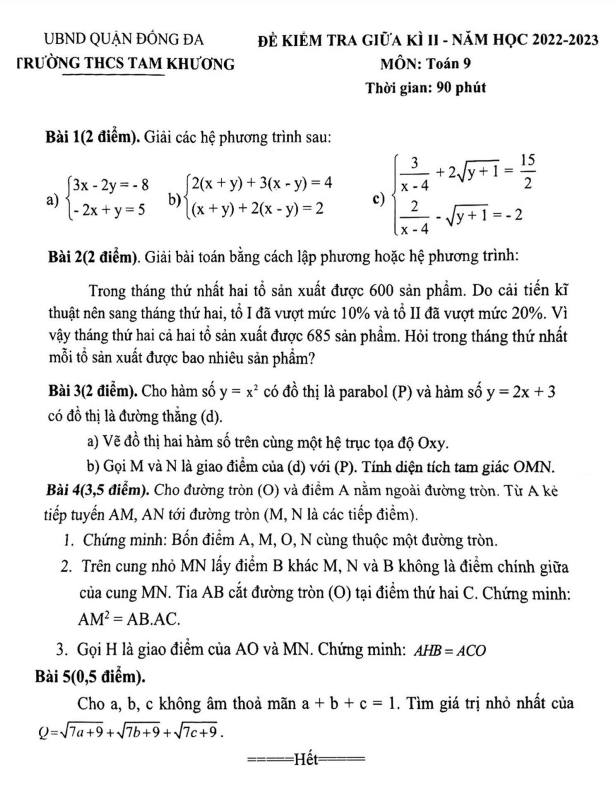Đề giữa kì 2 Toán 9 năm 2022 – 2023 trường THCS Tam Khương – Hà Nội