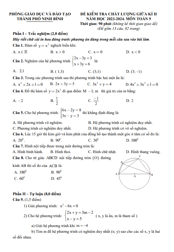 Đề giữa kì 2 Toán 9 năm 2023 – 2024 phòng GD&ĐT thành phố Ninh Bình