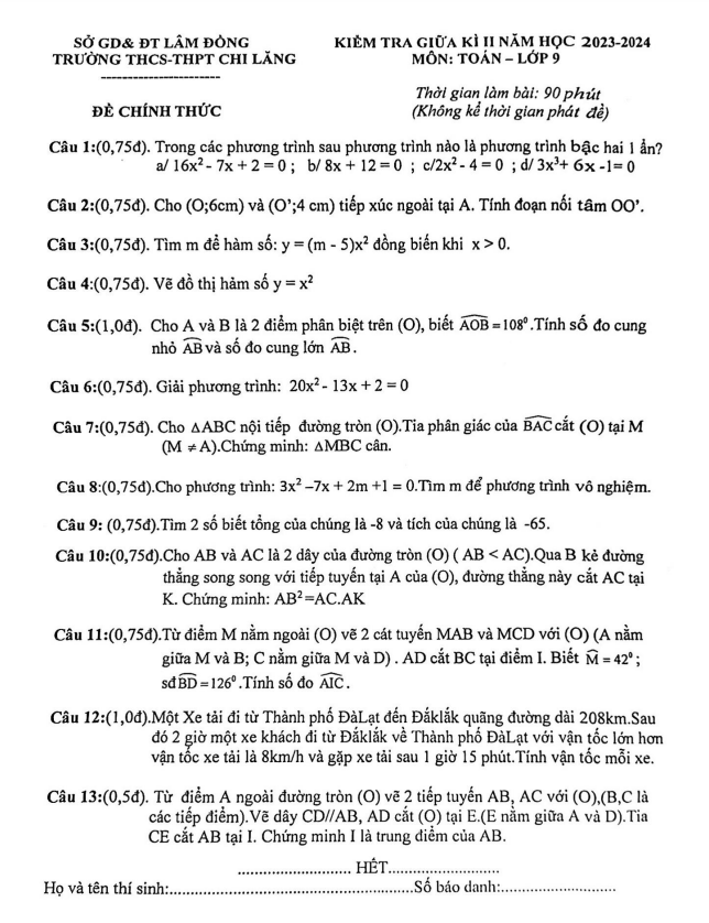 Đề giữa kì 2 Toán 9 năm 2023 – 2024 trường THCS – THPT Chi Lăng – Lâm Đồng