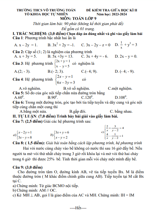 Đề giữa kì 2 Toán 9 năm 2023 – 2024 trường THCS Võ Trường Toản – BR VT
