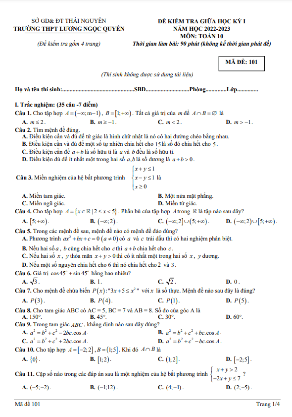 Đề giữa kỳ 1 Toán 10 năm 2022 – 2023 THPT Lương Ngọc Quyến – Thái Nguyên