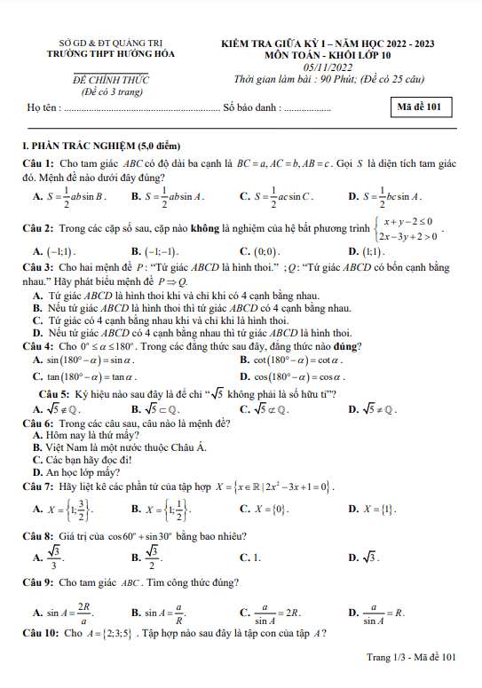 Đề giữa kỳ 1 Toán 10 năm 2022 – 2023 trường THPT Hướng Hóa – Quảng Trị