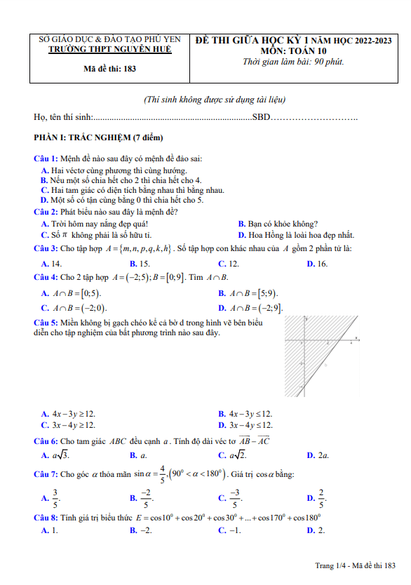 Đề giữa kỳ 1 Toán 10 năm 2022 – 2023 trường THPT Nguyễn Huệ – Phú Yên