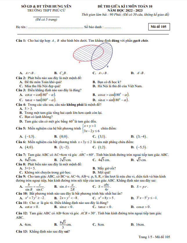 Đề giữa kỳ 1 Toán 10 năm 2022 – 2023 trường THPT Phù Cừ – Hưng Yên