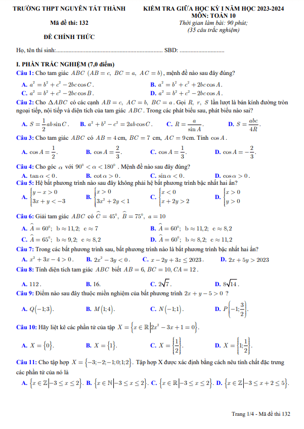 Đề giữa kỳ 1 Toán 10 năm 2023 – 2024 trường THPT Nguyễn Tất Thành – Đắk Nông