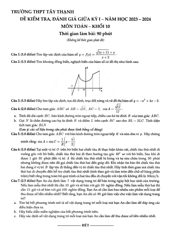 Đề giữa kỳ 1 Toán 10 năm 2023 – 2024 trường THPT Tây Thạnh – TP HCM