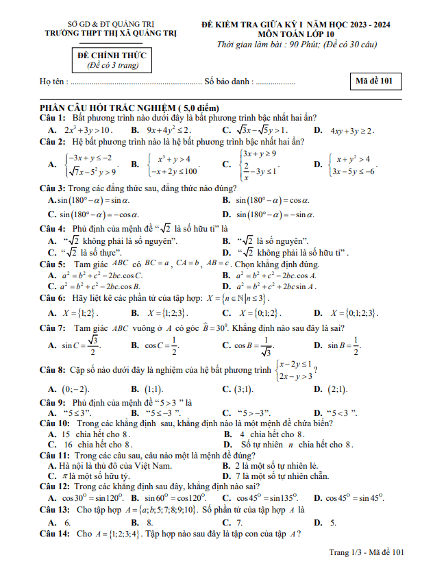 Đề giữa kỳ 1 Toán 10 năm 2023 – 2024 trường THPT Thị xã Quảng Trị
