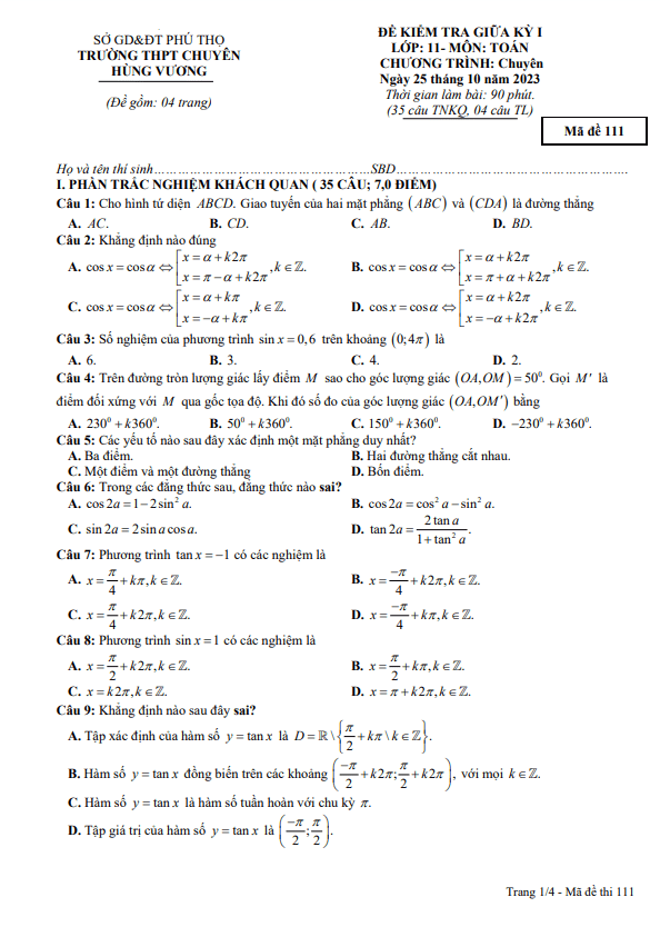 Đề giữa kỳ 1 Toán 11 chuyên năm 2023 – 2024 trường chuyên Hùng Vương – Phú Thọ