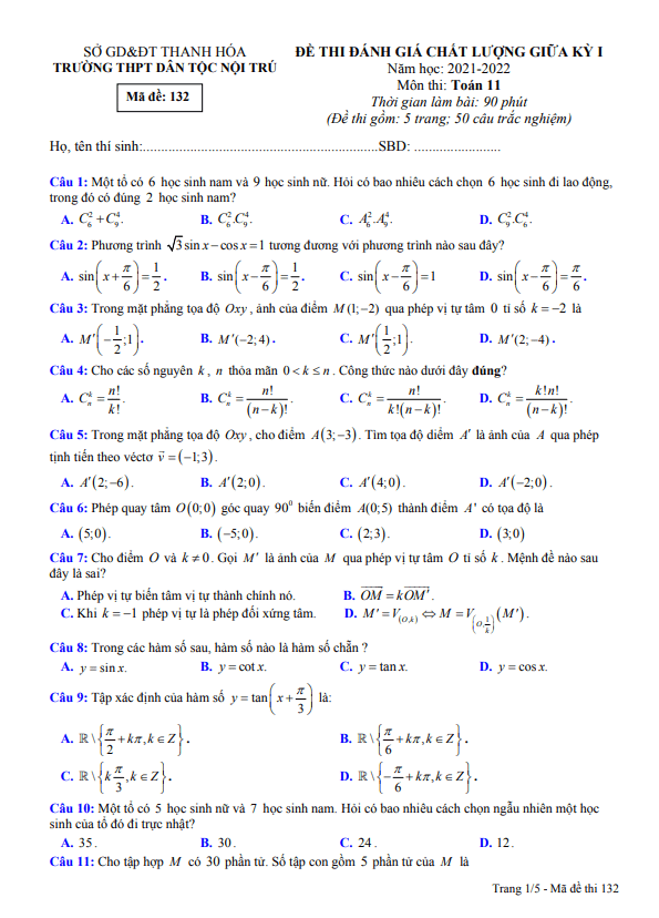 Đề giữa kỳ 1 Toán 11 năm 2021 – 2022 trường THPT DTNT tỉnh Thanh Hóa