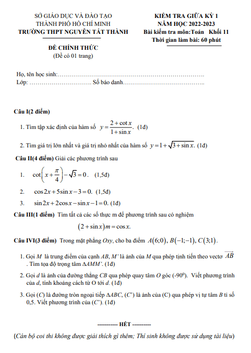 Đề giữa kỳ 1 Toán 11 năm 2022 – 2023 trường THPT Nguyễn Tất Thành – TP HCM