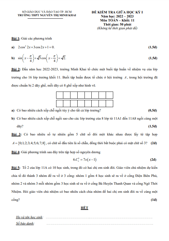 Đề giữa kỳ 1 Toán 11 năm 2022 – 2023 trường THPT Nguyễn Thị Minh Khai – TP HCM