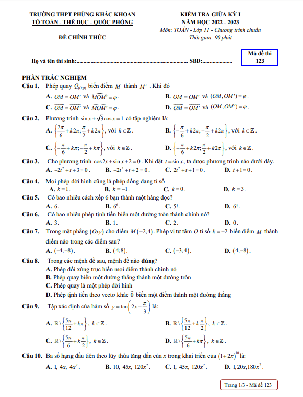 Đề giữa kỳ 1 Toán 11 năm 2022 – 2023 trường THPT Phùng Khắc Khoan – Hà Nội