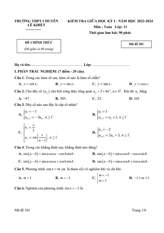 Đề giữa kỳ 1 Toán 11 năm 2023 – 2024 trường chuyên Lê Khiết – Quảng Ngãi