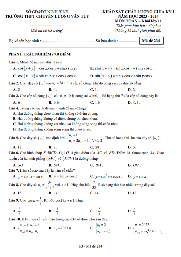 Đề giữa kỳ 1 Toán 11 năm 2023 – 2024 trường chuyên Lương Văn Tụy – Ninh Bình