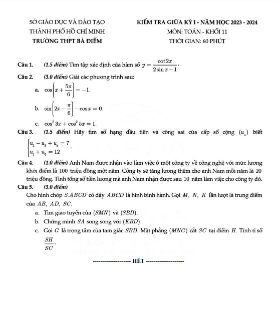 Đề giữa kỳ 1 Toán 11 năm 2023 – 2024 trường THPT Bà Điểm – TP HCM