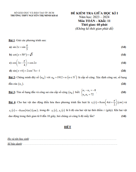 Đề giữa kỳ 1 Toán 11 năm 2023 – 2024 trường THPT Nguyễn Thị Minh Khai – TP HCM