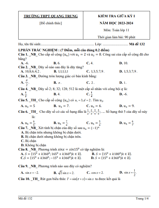 Đề giữa kỳ 1 Toán 11 năm 2023 – 2024 trường THPT Quang Trung – Quảng Ngãi