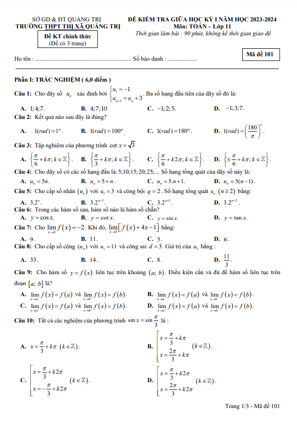 Đề giữa kỳ 1 Toán 11 năm 2023 – 2024 trường THPT Thị xã Quảng Trị