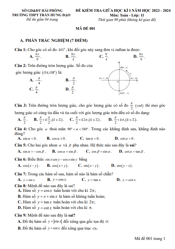 Đề giữa kỳ 1 Toán 11 năm 2023 – 2024 trường THPT Trần Hưng Đạo – Hải Phòng