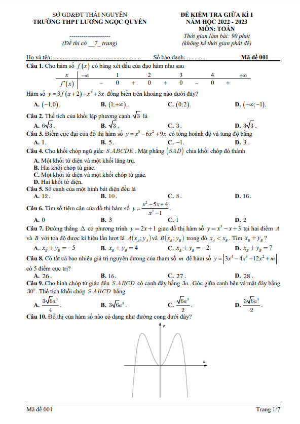 Đề giữa kỳ 1 Toán 12 năm 2022 – 2023 THPT Lương Ngọc Quyến – Thái Nguyên