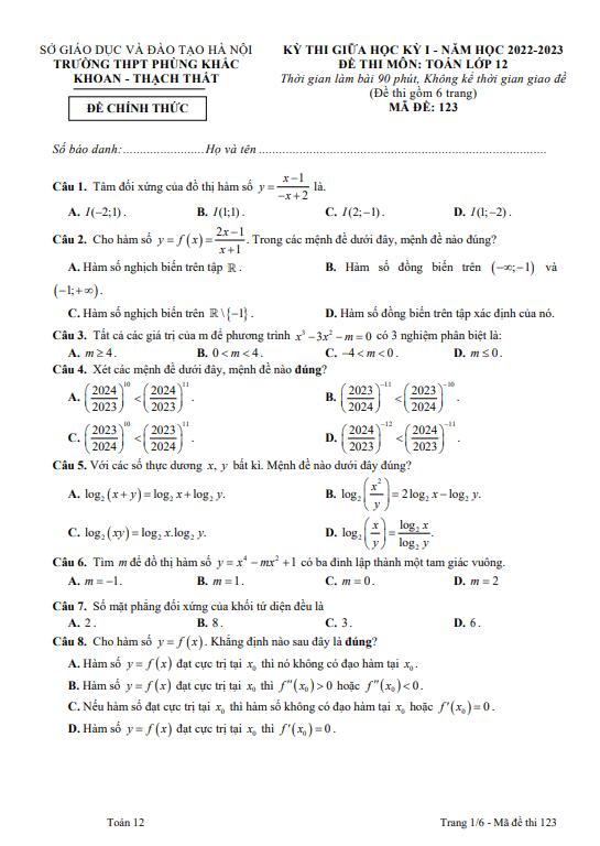 Đề giữa kỳ 1 Toán 12 năm 2022 – 2023 trường THPT Phùng Khắc Khoan – Hà Nội