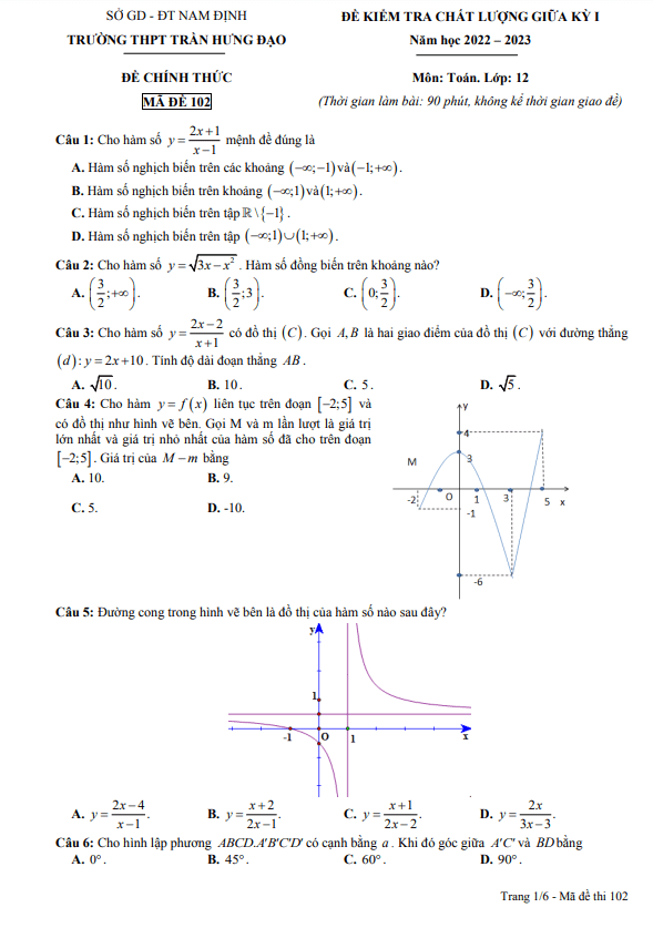 Đề giữa kỳ 1 Toán 12 năm 2022 – 2023 trường THPT Trần Hưng Đạo – Nam Định