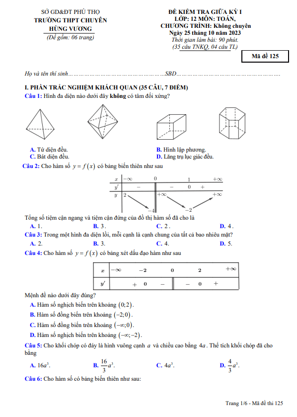 Đề giữa kỳ 1 Toán 12 năm 2023 – 2024 trường chuyên Hùng Vương – Phú Thọ