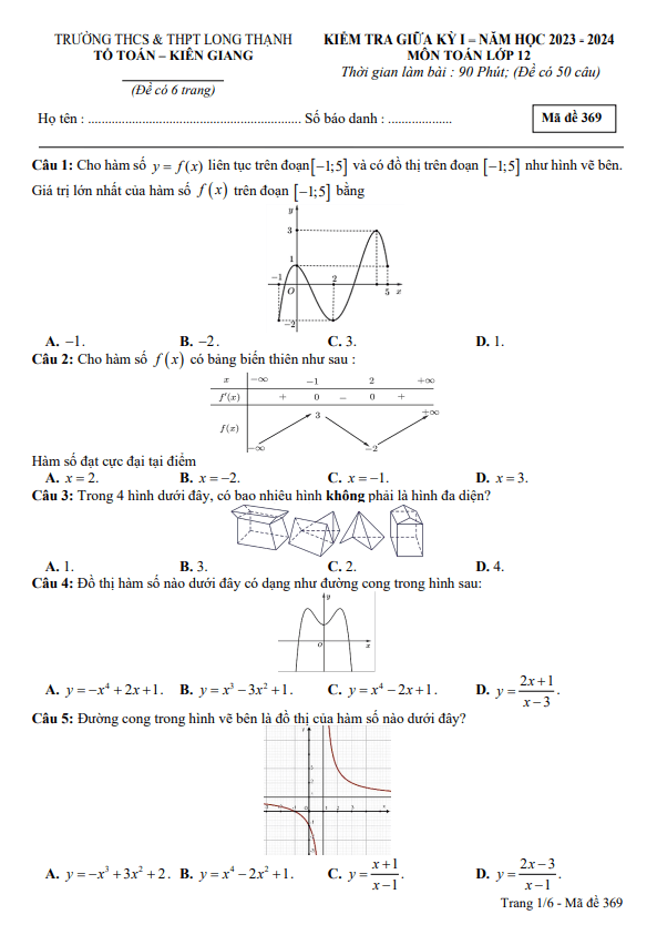 Đề giữa kỳ 1 Toán 12 năm 2023 – 2024 trường Long Thạnh – Kiên Giang