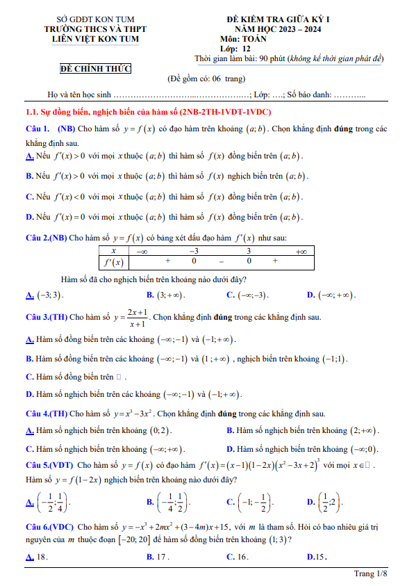 Đề giữa kỳ 1 Toán 12 năm 2023 – 2024 trường THCS&THPT Liên Việt Kon Tum
