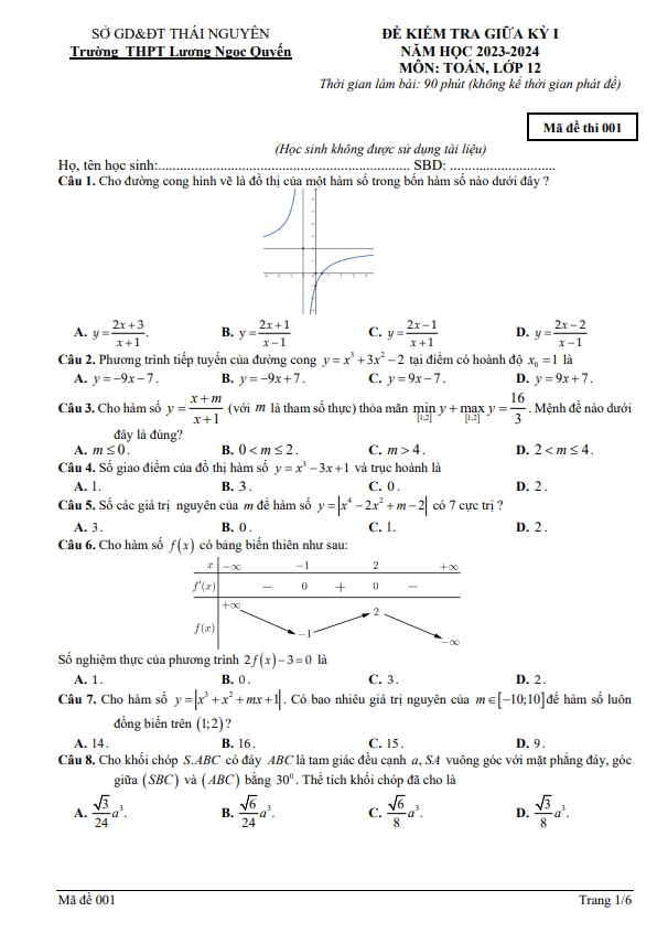 Đề giữa kỳ 1 Toán 12 năm 2023 – 2024 trường THPT Lương Ngọc Quyến – Thái Nguyên