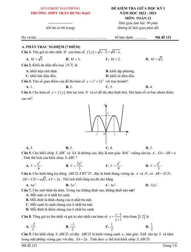 Đề giữa kỳ 1 Toán 12 năm 2023 – 2024 trường THPT Trần Hưng Đạo – Hải Phòng