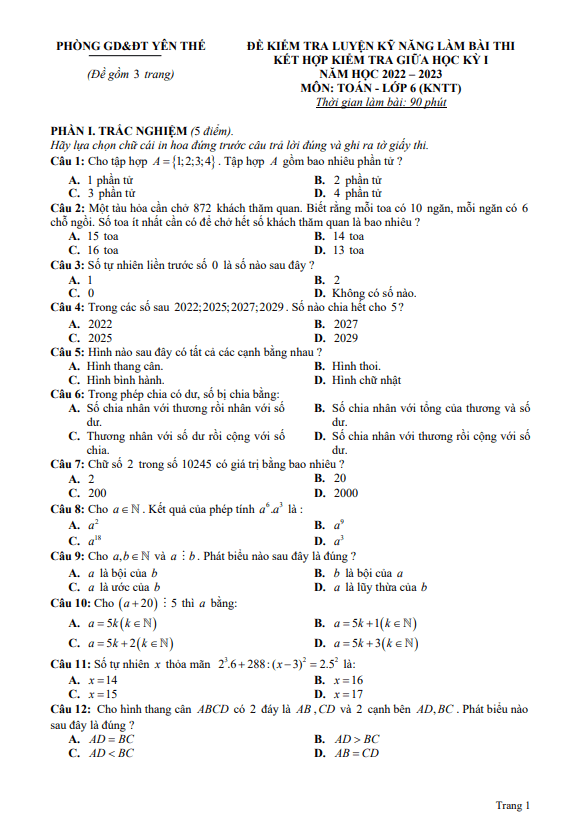 Đề giữa kỳ 1 Toán 6 (KNTTVCS) năm 2022 – 2023 phòng GD&ĐT Yên Thế – Bắc Giang
