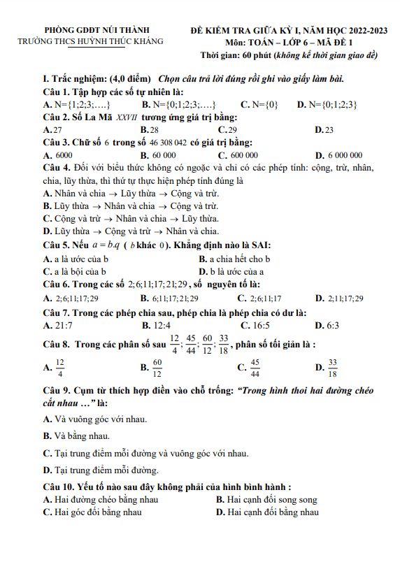 Đề giữa kỳ 1 Toán 6 năm 2022 – 2023 trường THCS Huỳnh Thúc Kháng – Quảng Nam