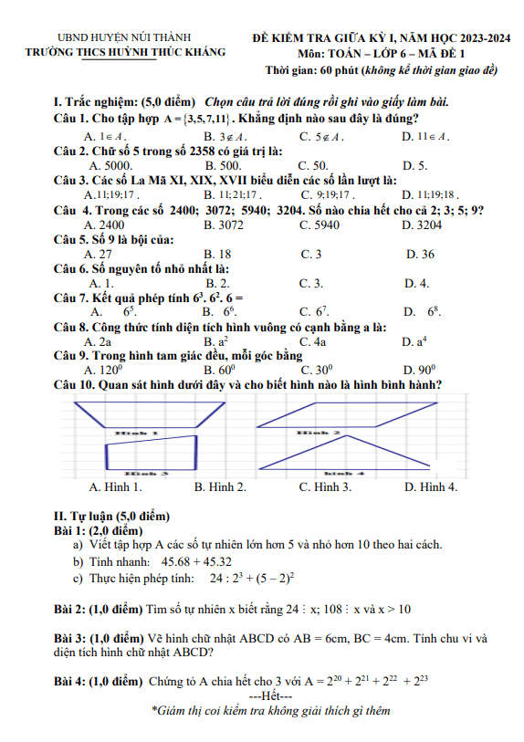 Đề giữa kỳ 1 Toán 6 năm 2023 – 2024 trường THCS Huỳnh Thúc Kháng – Quảng Nam