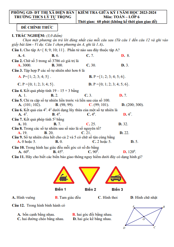 Đề giữa kỳ 1 Toán 6 năm 2023 – 2024 trường THCS Lý Tự Trọng – Quảng Nam