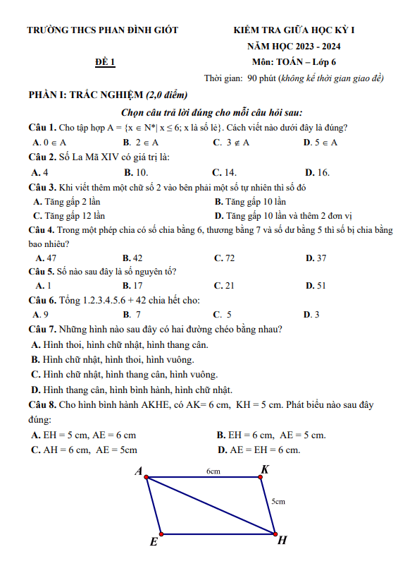 Đề giữa kỳ 1 Toán 6 năm 2023 – 2024 trường THCS Phan Đình Giót – Hà Nội