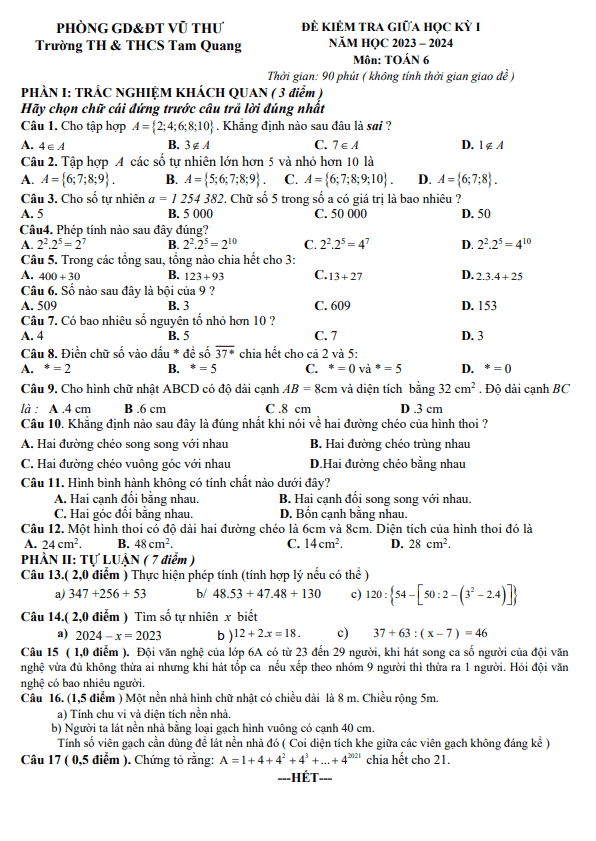 Đề giữa kỳ 1 Toán 6 năm 2023 – 2024 trường TH&THCS Tam Quang – Thái Bình