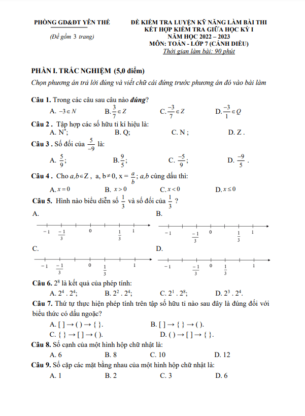 Đề giữa kỳ 1 Toán 7 (Cánh Diều) năm 2022 – 2023 phòng GD&ĐT Yên Thế – Bắc Giang