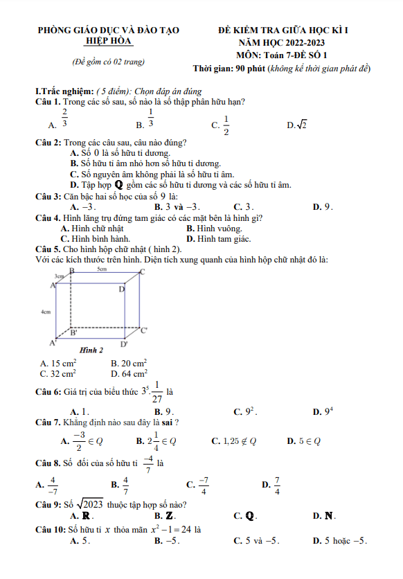 Đề giữa kỳ 1 Toán 7 năm 2022 – 2023 phòng GD&ĐT Hiệp Hòa – Bắc Giang