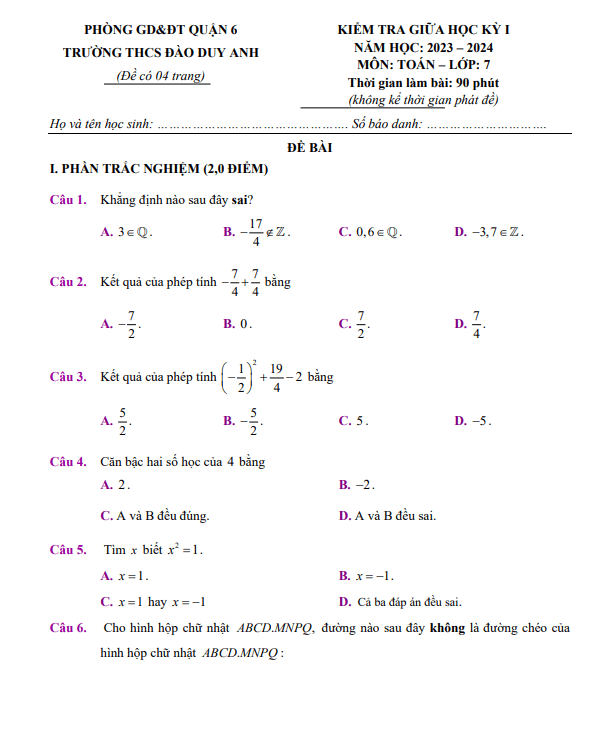 Đề giữa kỳ 1 Toán 7 năm 2023 – 2024 trường THCS Đào Duy Anh – TP HCM