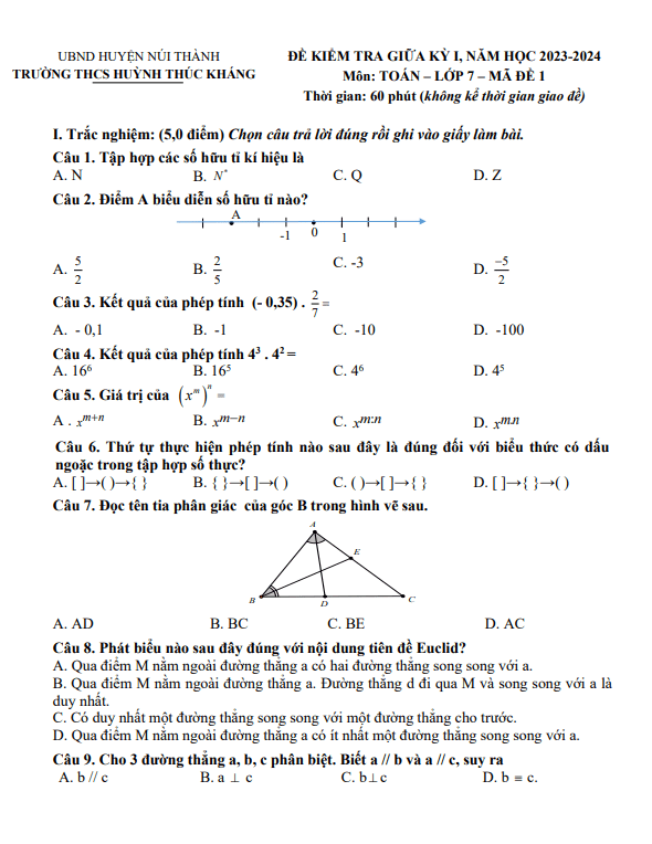 Đề giữa kỳ 1 Toán 7 năm 2023 – 2024 trường THCS Huỳnh Thúc Kháng – Quảng Nam