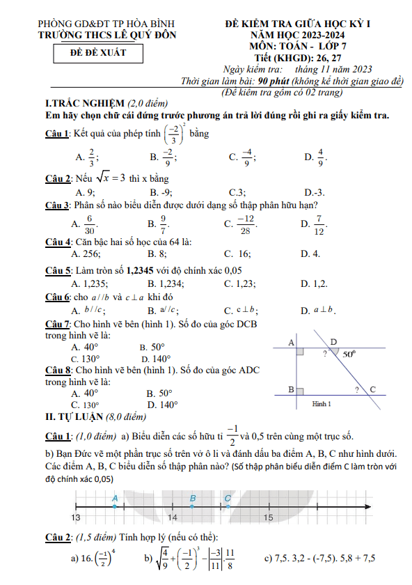 Đề giữa kỳ 1 Toán 7 năm 2023 – 2024 trường THCS Lê Quý Đôn – Hòa Bình