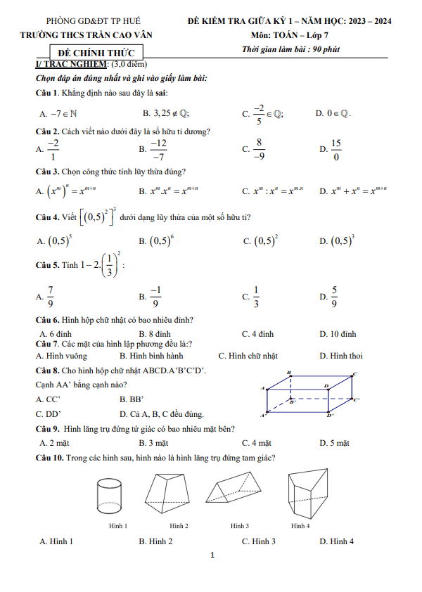Đề giữa kỳ 1 Toán 7 năm 2023 – 2024 trường THCS Trần Cao Vân – TT Huế