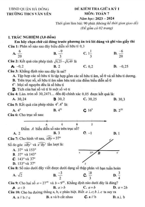 Đề giữa kỳ 1 Toán 7 năm 2023 – 2024 trường THCS Văn Yên – Hà Nội