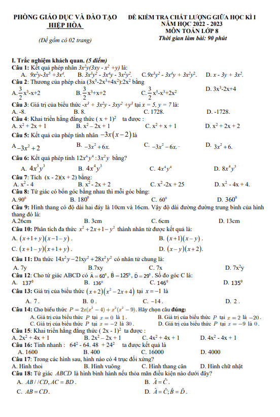 Đề giữa kỳ 1 Toán 8 năm 2022 – 2023 phòng GD&ĐT Hiệp Hòa – Bắc Giang