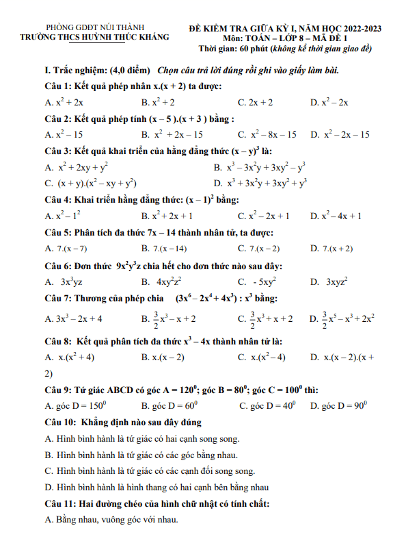 Đề giữa kỳ 1 Toán 8 năm 2022 – 2023 trường THCS Huỳnh Thúc Kháng – Quảng Nam