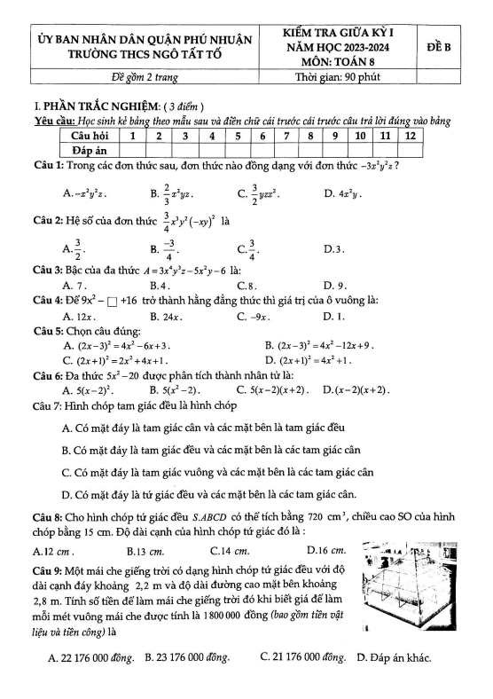 Đề giữa kỳ 1 Toán 8 năm 2023 – 2024 trường THCS Ngô Tất Tố – TP HCM