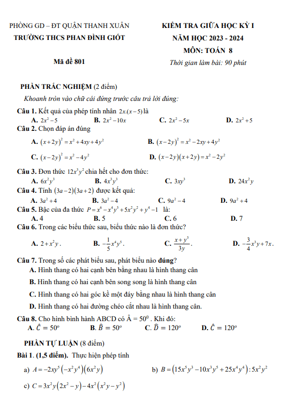 Đề giữa kỳ 1 Toán 8 năm 2023 – 2024 trường THCS Phan Đình Giót – Hà Nội