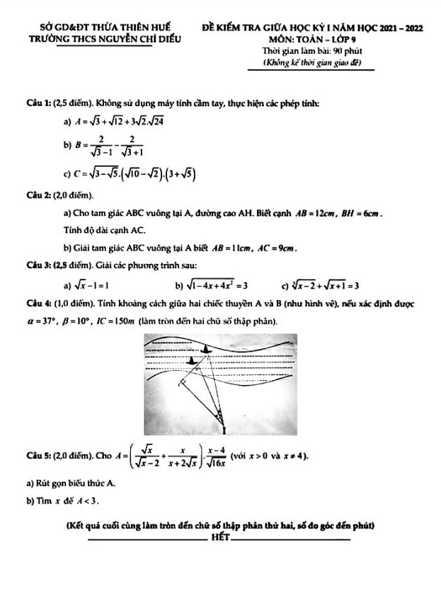 Đề giữa kỳ 1 Toán 9 năm 2021 – 2022 trường THCS Nguyễn Chí Diểu – TT Huế