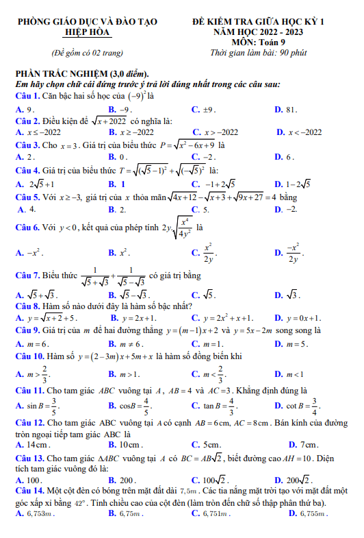 Đề giữa kỳ 1 Toán 9 năm 2022 – 2023 phòng GD&ĐT Hiệp Hòa – Bắc Giang
